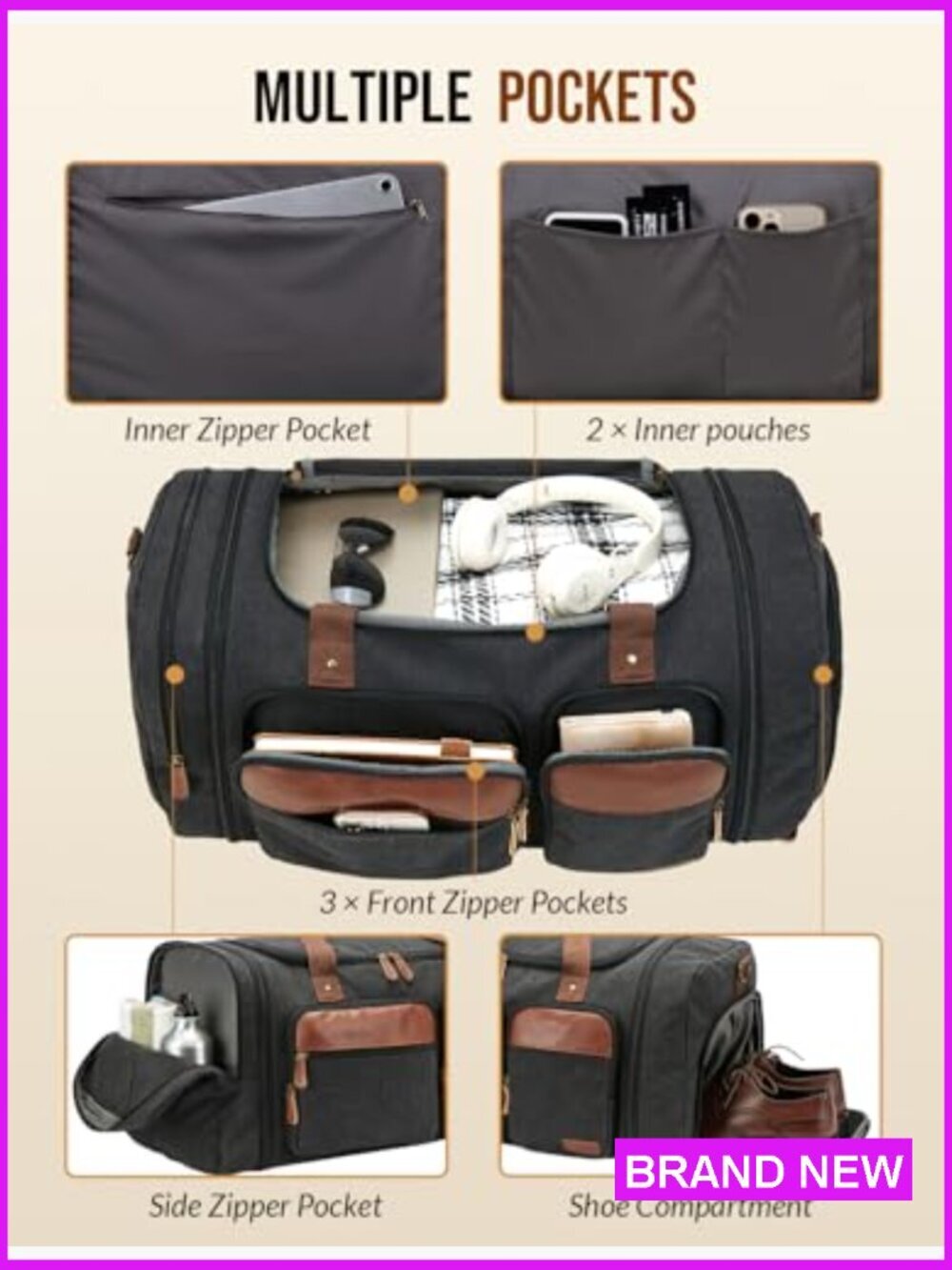 Expandable Canvas Duffel Bag 50l Travel Weekender With Shoe Compartment View 4